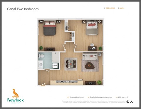 Floor plan for 2 beds, 1 bath, 638 sqft